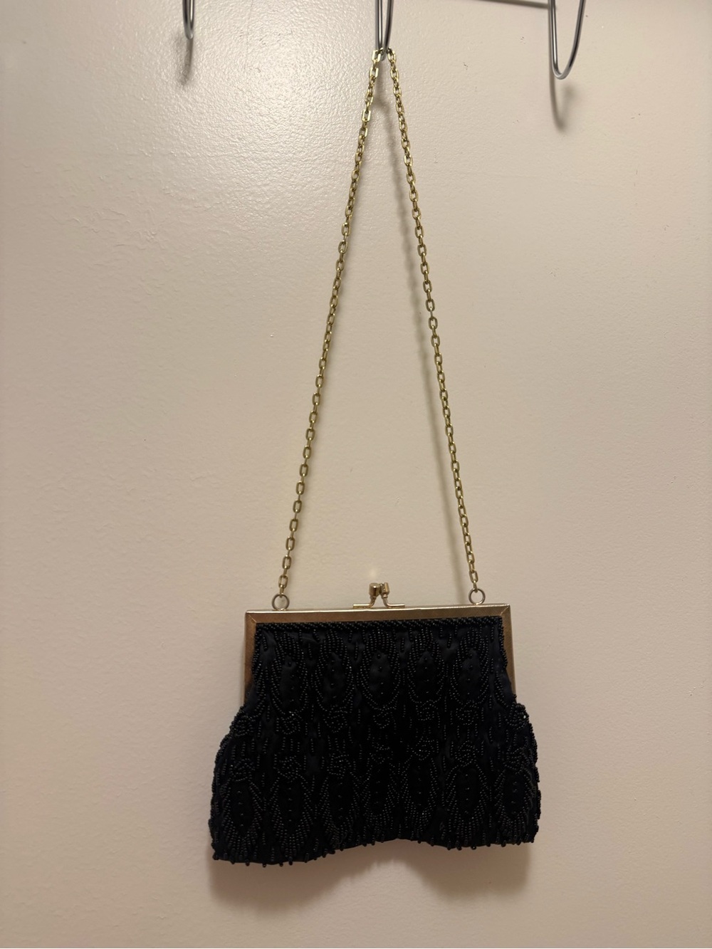 Black Beaded Evening Clutch with Gold Chain Strap